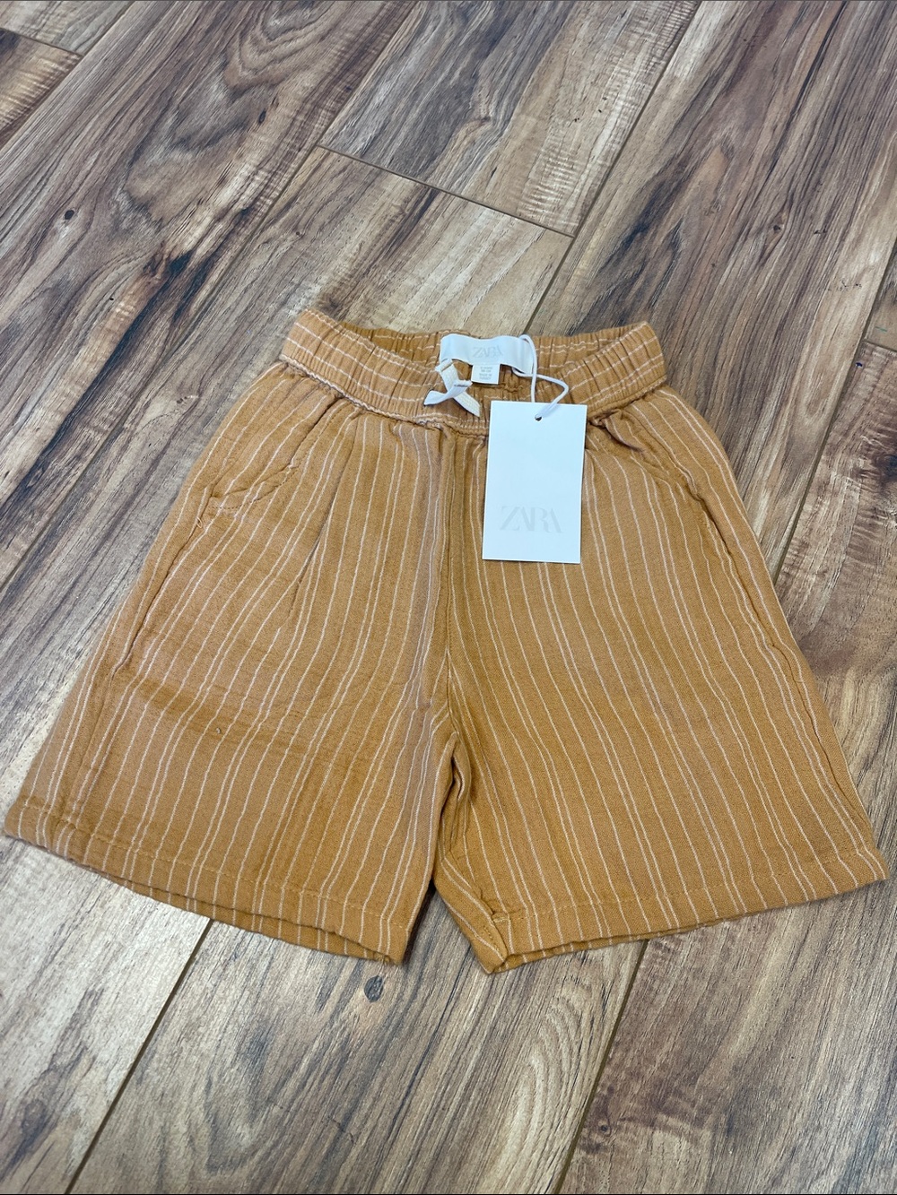 ZARA Ochre Striped Linen-Blend Drawstring Shorts